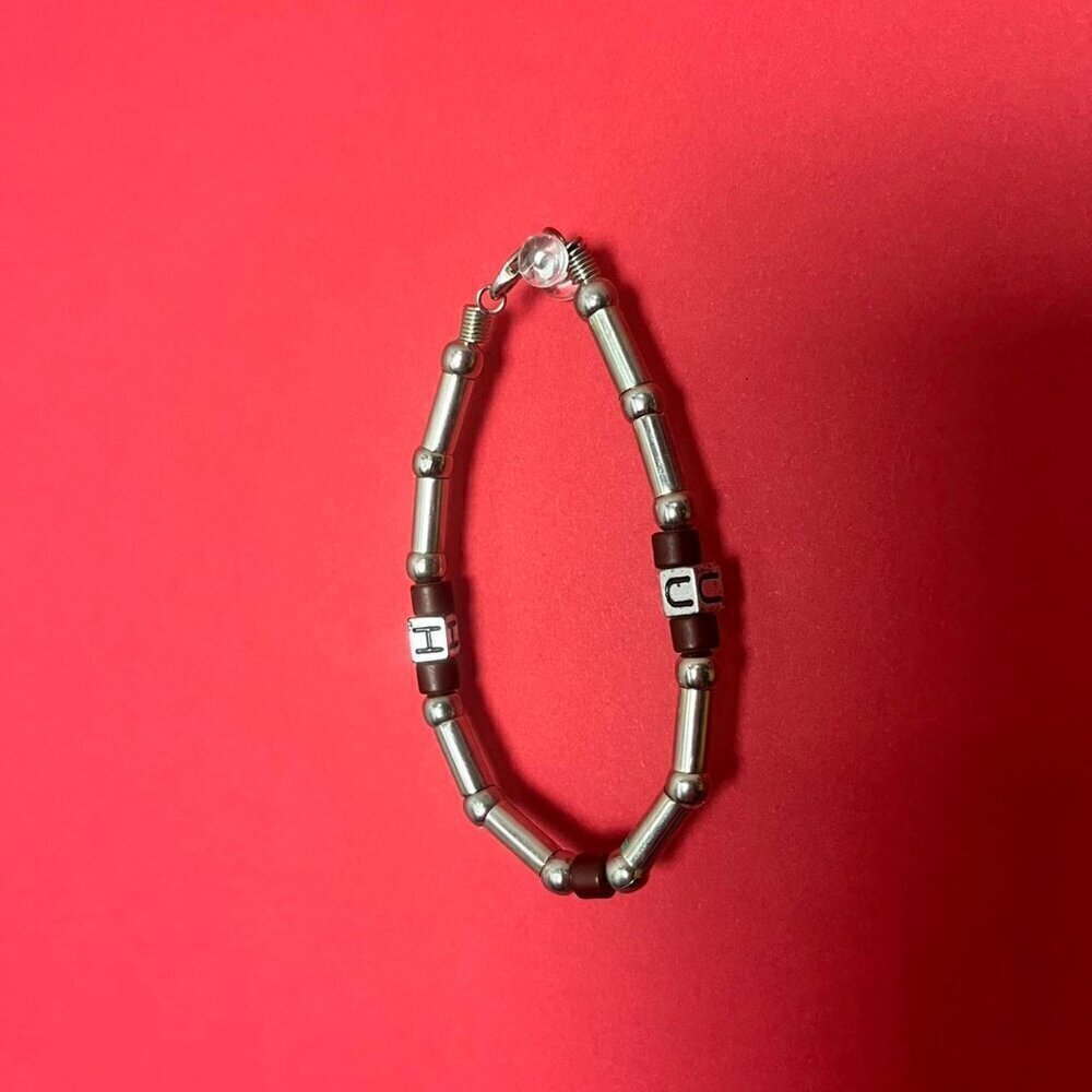 Handmade silver and wood beaded bracelet with initials 🤎🩶​​​​​​​